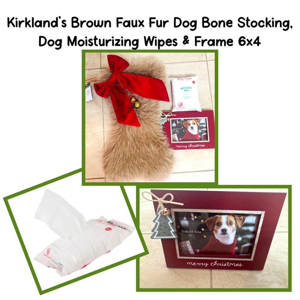 Kirkland’s Brown Faux Fur Dog Bone Stocking, Dog Moisturizing Wipes & Frame 6x4